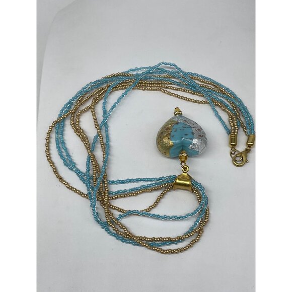 Venetian Glass Heart Pendant Necklace Gold Blue Clear Beaded 24”  Lobster Clasp - Picture 4 of 7